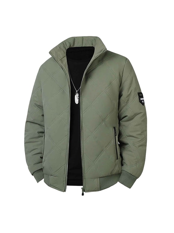 Men Stand Collar Quilted Jacket Full Zip Diamond Stitch Long Sleeve Warm Outerwear For Street Army Green XXS