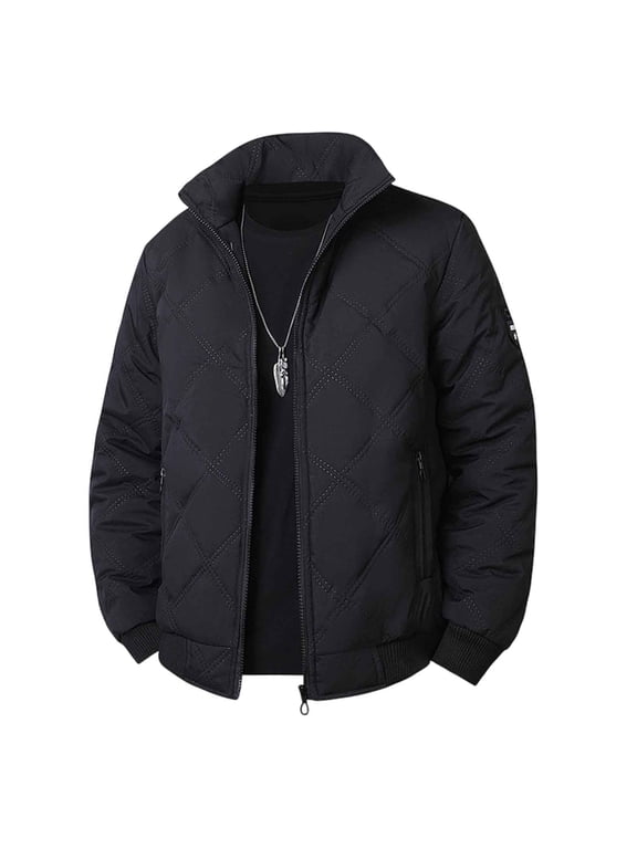 Men Stand Collar Quilted Jacket Full Zip Diamond Stitch Long Sleeve Warm Outerwear For Street Black XXL