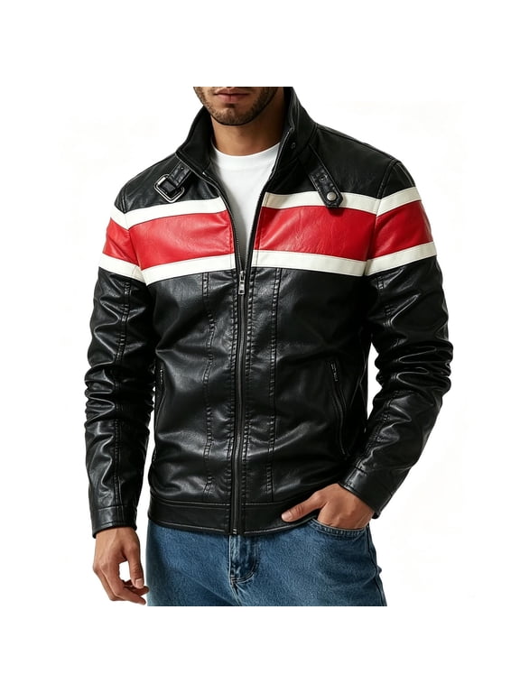 Men Stand Collar Striped Moto Faux Leather Jacket Full Zip Outerwear For Party Daily Red XXXXL