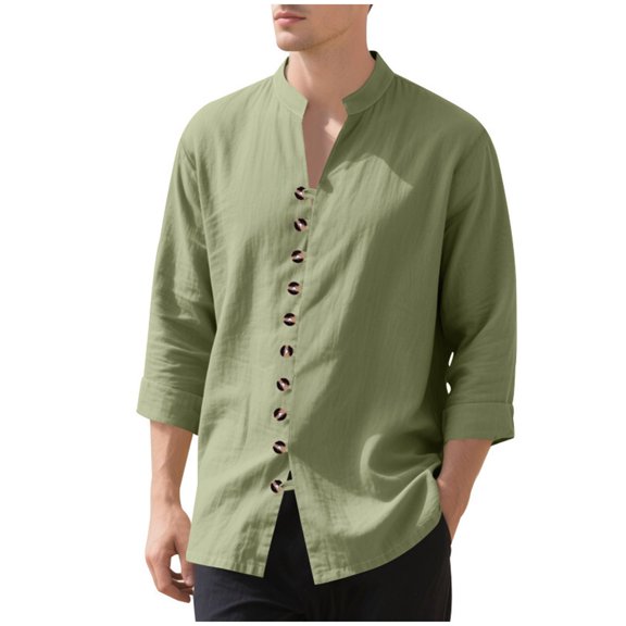Mrmaere Men's 3/4 Sleeve V-Neck Shirt Partial Button Design Smooth Fabric Casual Outings Daily Wear Army Green L