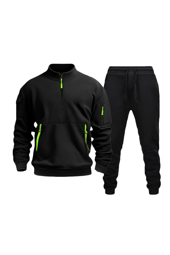 Men’s Basic Active Set Long Sleeve Half Zip Front Smooth Fabric Durable Material Functional Pockets Wear for Daily Commutes Light Tasks Black M