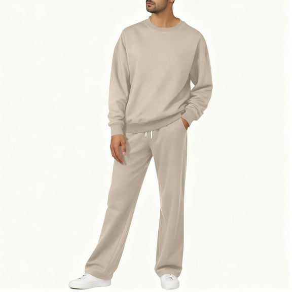 Mrmaere Men’s Basic Comfort Set Long Sleeve Smooth Fabric Relaxed Cut Roomy Pockets Easy Care Design Everyday Wear for Home Use Light Outings Beige L