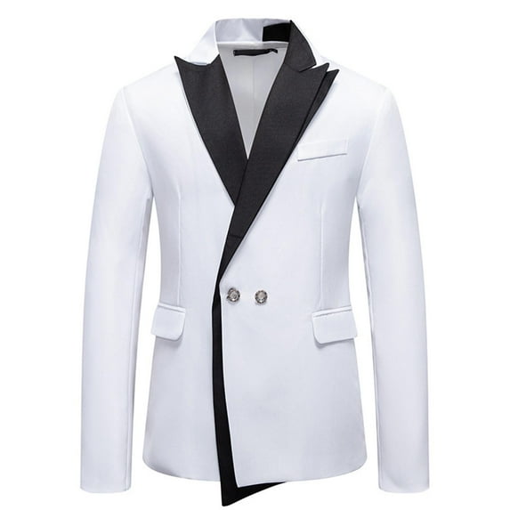 Mrmaere Men's Blazer Jacket Contrast Lapel Double-Button Stylish Outerwear for Formal & Special White L