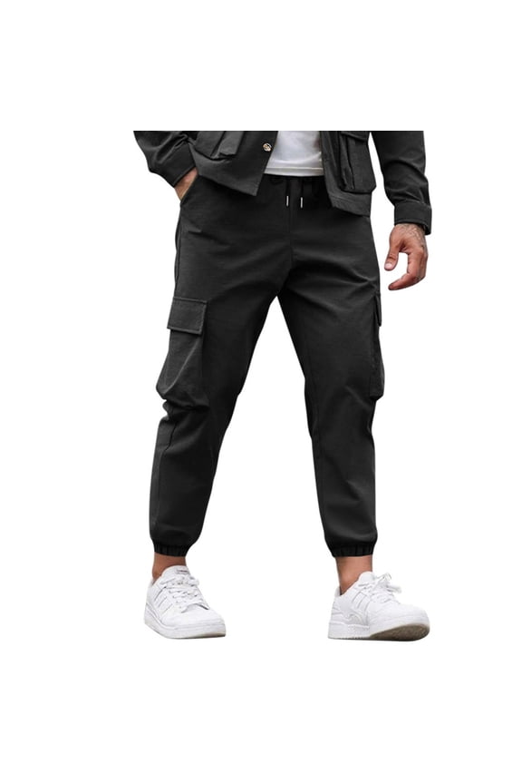 Men's Cargo Jogger Pants Drawstring Waist Side Pockets Elastic Cuff Soft Fabric Casual Daily Streetwear Outdoor Errands Black XXL