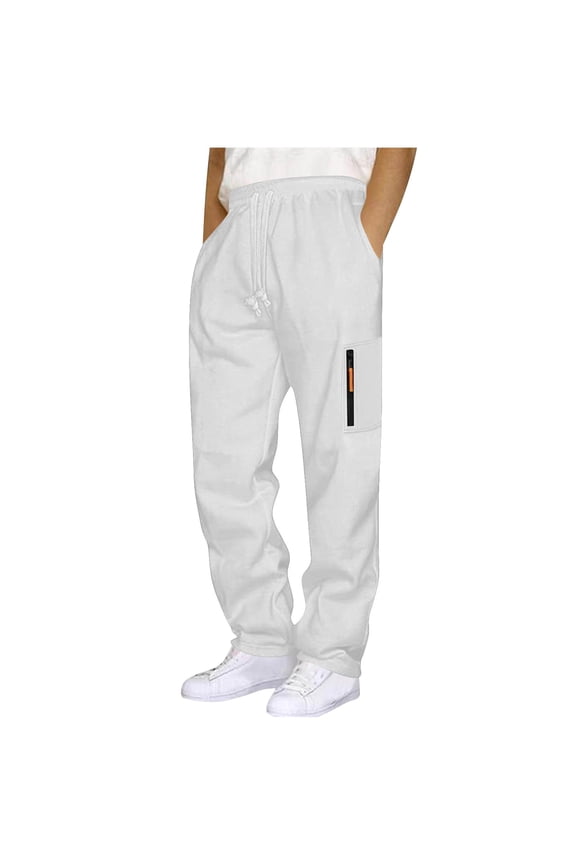 Men's Cargo Jogger Pants Drawstring Waist Zipper Side Pockets Soft Fabric Relaxed Leg Casual Daily Streetwear White L