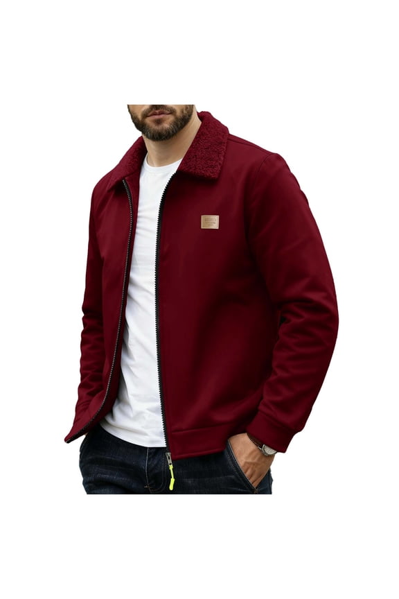 Men's Collar Jacket Zippered Casual Warm Coat for Daily & Outdoor Wear Wine XXL