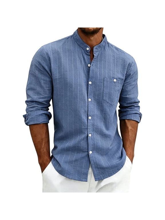 Men's Collar Stripe Shirt Linen Cotton Mandarin Collar Long Sleeve Button Down Shirts Collarless Tops Blue S