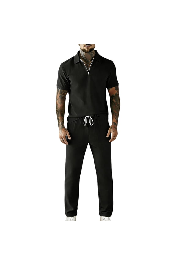 Men's Collared Button Down Shirt and Pants Set Short Sleeve 2 Piece Multi Pockets Durable for Work Duty Black L