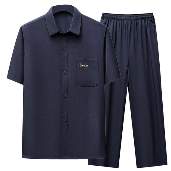Mrmaere Men's Collared Button Down Shirt and Pants Set Short Sleeve 2 Piece Wrinkle Resistant for Office Business Navy L