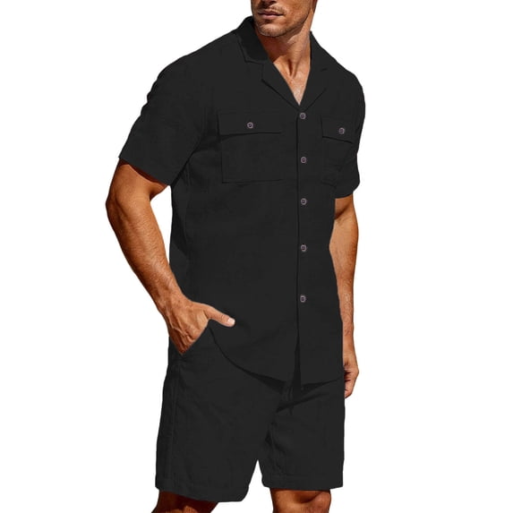 Mrmaere Men's Collared Button Down Shirt and Shorts Set Short Sleeve 2 Piece Open Front for Beach Travel Black L