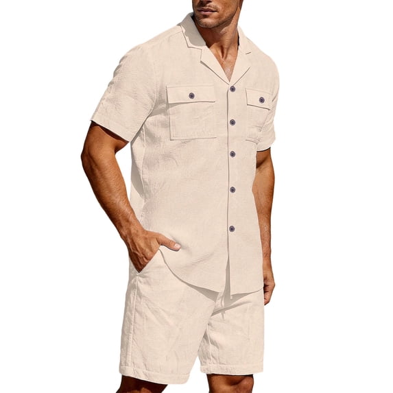 Mrmaere Men's Collared Button Down Shirt and Shorts Set Short Sleeve 2 Piece Open Front for Beach Travel Khaki XXL