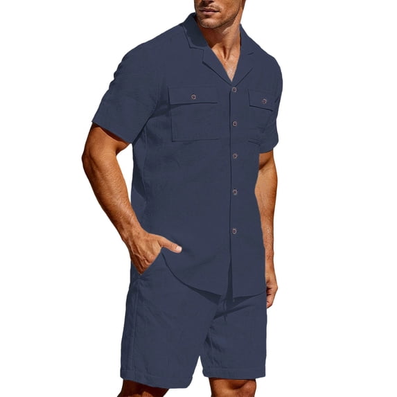 Mrmaere Men's Collared Button Down Shirt and Shorts Set Short Sleeve 2 Piece Open Front for Beach Travel Navy XL