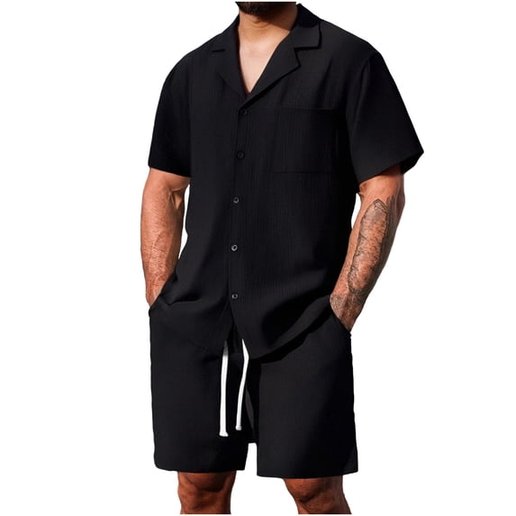 Mrmaere Men's Collared Button Down Shirt and Shorts Set Short Sleeve 2 Piece Open Front for Daily Outdoor Black L
