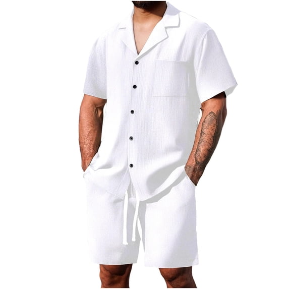 Mrmaere Men's Collared Button Down Shirt and Shorts Set Short Sleeve 2 Piece Open Front for Daily Outdoor White XXXL