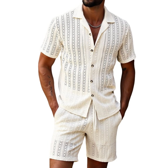 Mrmaere Men's Collared Button Down Shirt and Shorts Set Short Sleeve 2 Piece Striped for Casual Street Beige L