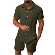 Mrmaere Men's Collared Button Down Shirt and Shorts Set Short Sleeve 2 Piece Wrinkle Resistant for Office Casual Army Green L