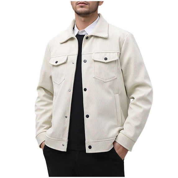 Mrmaere Men's Collared Button-Front Corduroy Jacket Multi-Pocket Comfortable Casual Outerwear for Daily & Leisure Wear Beige L