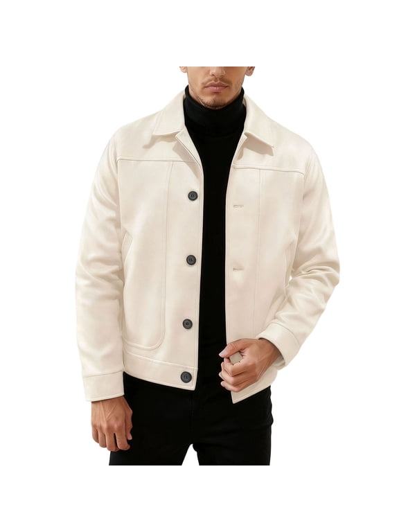 Men's Collared Button-Front Jacket Stylish Warm Outerwear for Daily & Casual Beige L