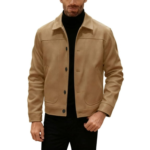 Mrmaere Men's Collared Button-Front Jacket Stylish Warm Outerwear for Daily & Casual Khaki S