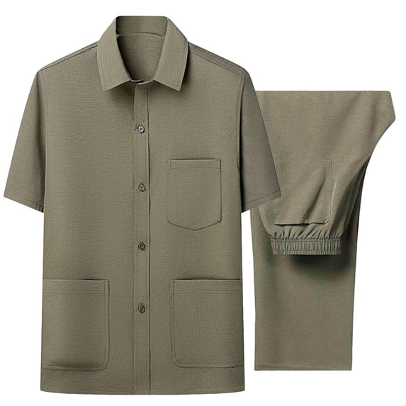 Mrmaere Men's Collared Button Up Shirt and Pants Set Short Sleeve 2 Piece Durable for Uniform and Work Army Green M