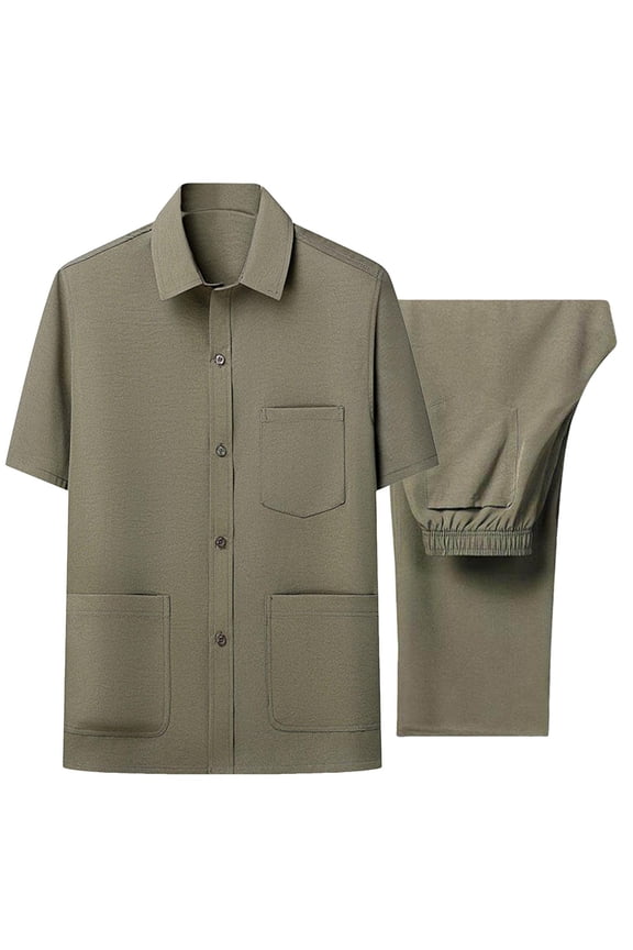 Men's Collared Button Up Shirt and Pants Set Short Sleeve 2 Piece Durable for Uniform and Work Army Green S
