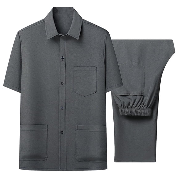 Mrmaere Men's Collared Button Up Shirt and Pants Set Short Sleeve 2 Piece Durable for Uniform and Work Dark Gray M