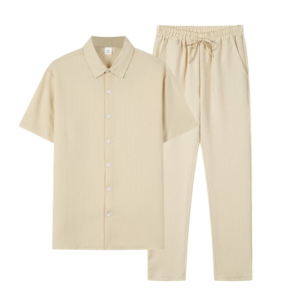Mrmaere Men's Collared Button Up Shirt and Pants Set Short Sleeve 2 Piece Wrinkle Resistant for Office Business Beige L
