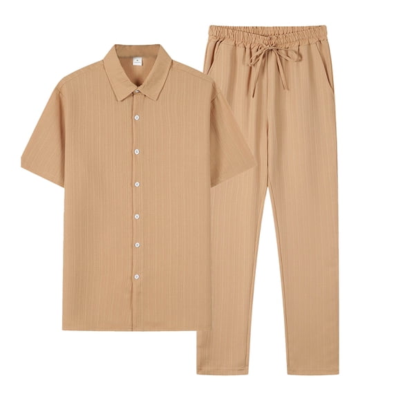 Mrmaere Men's Collared Button Up Shirt and Pants Set Short Sleeve 2 Piece Wrinkle Resistant for Office Business Khaki L