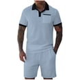 thumbnail image 1 of Mrmaere Men's Collared Button Up Shirt and Shorts Set Short Sleeve 2 Piece Striped for Casual Daily Sky Blue XL, 1 of 4