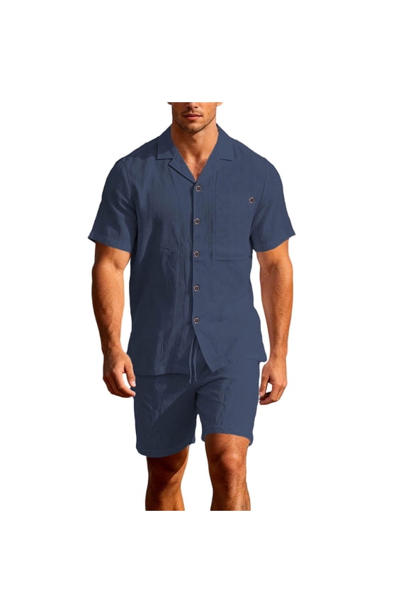 Men's Collared Button Up Shirt and Shorts Set Short Sleeve 2 Piece Textured for Casual Outdoor Navy M