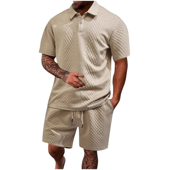 Mrmaere Men's Collared Button Up Shirt and Shorts Set Short Sleeve 2 Piece Wrinkle Resistant for Office Casual Khaki M