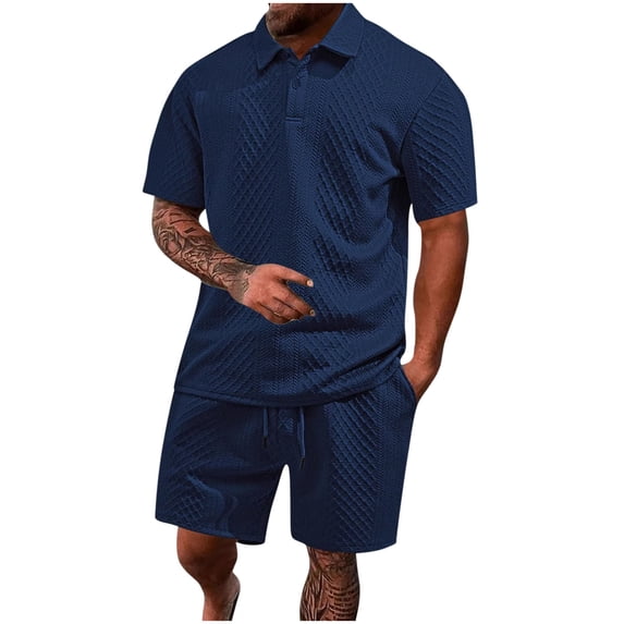 Mrmaere Men's Collared Button Up Shirt and Shorts Set Short Sleeve 2 Piece Wrinkle Resistant for Office Casual Navy XL