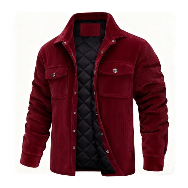 Mrmaere Men's Collared Corduroy Jacket Quilted Lining Warm Casual Outerwear for Daily & Leisure Wear Wine XL