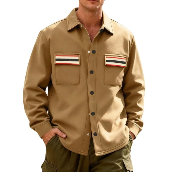 Mrmaere Men's Collared Jacket Button-Front Contrast Pocket Stylish Comfortable Outerwear for Daily & Casual Khaki S