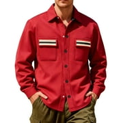 Mrmaere Mens Collared Jacket Button-Front Contrast Pocket Stylish Comfortable Outerwear for Daily & Casual Red L
