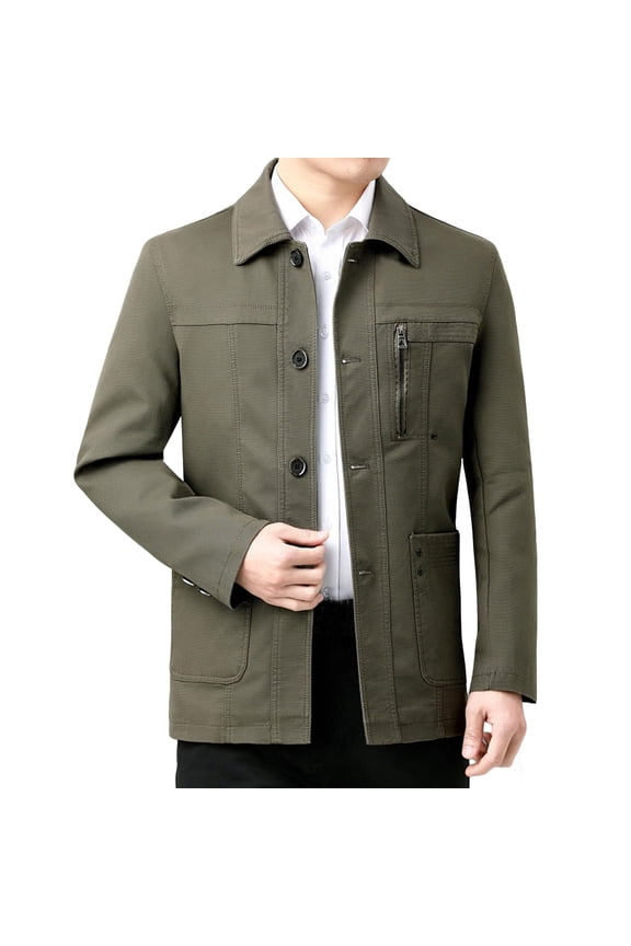 Men's Collared Jacket Button-Front Multi-Pocket Stylish Outerwear for Daily & Office Army Green S