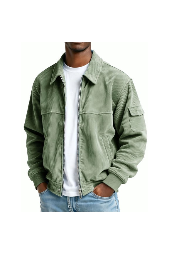 Men's Collared Jacket Corduroy Fabric Full-Zip Stylish Outerwear for Daily & Casual Green XL