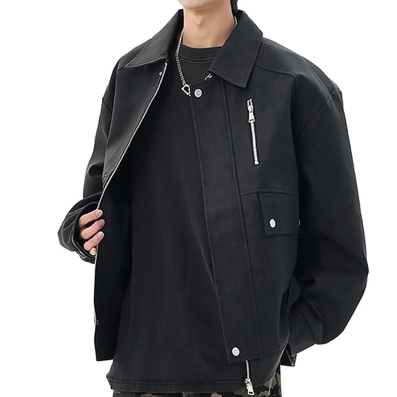 Mrmaere Men's Collared Oversized Jacket Multi-Zipper Stylish Casual Outerwear for Daily & Streetwear Black XXL