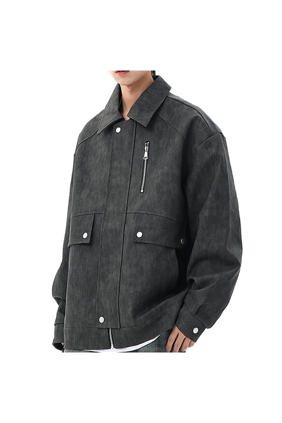 Men's Collared Oversized Jacket Multi-Zipper Stylish Casual Outerwear for Daily & Streetwear Gray XXXL