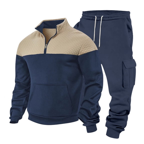 Mrmaere Men’s Color Block Hoodie Casual Set Long Sleeve Full Zip Front Stretchy Fabric Practical Pockets Modern Design Wear for Street Looks Daily Errands Navy L