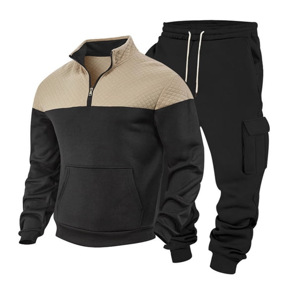 Mrmaere Men’s Color Block Hoodie Casual Set Long Sleeve Full Zip Front Stretchy Fabric Practical Pockets Modern Design Wear for Street Looks Daily Errands Black M