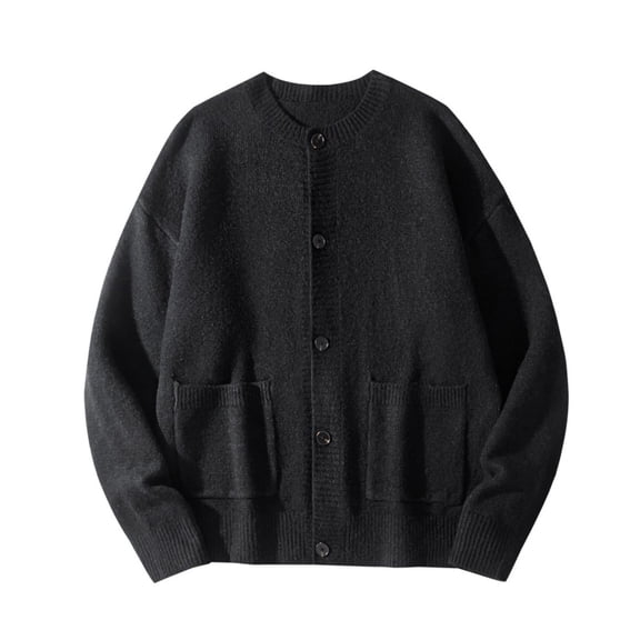Mrmaere Men's Crew Neck Button-Down Cardigan Sweater with Pockets Classic Casual Warm Outerwear for Daily & Office Wear Black L