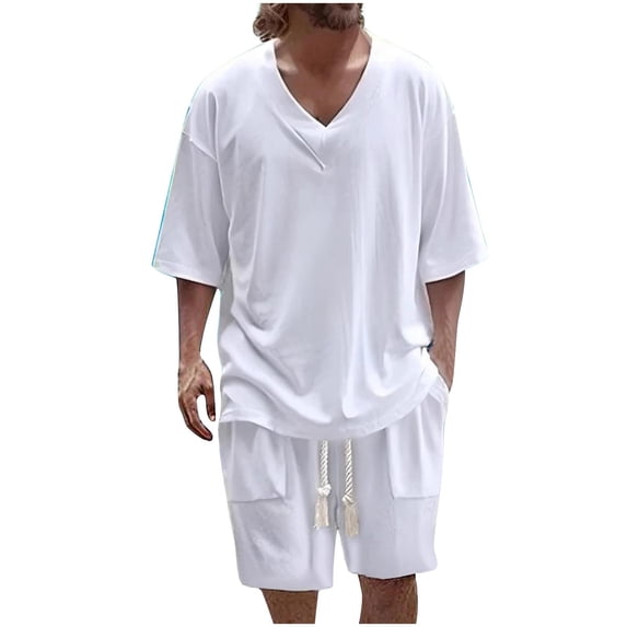 Mrmaere Men's Crew Neck Scrub Set Short Sleeve Shorts 2 Piece Stretchy for Medical Work White XL
