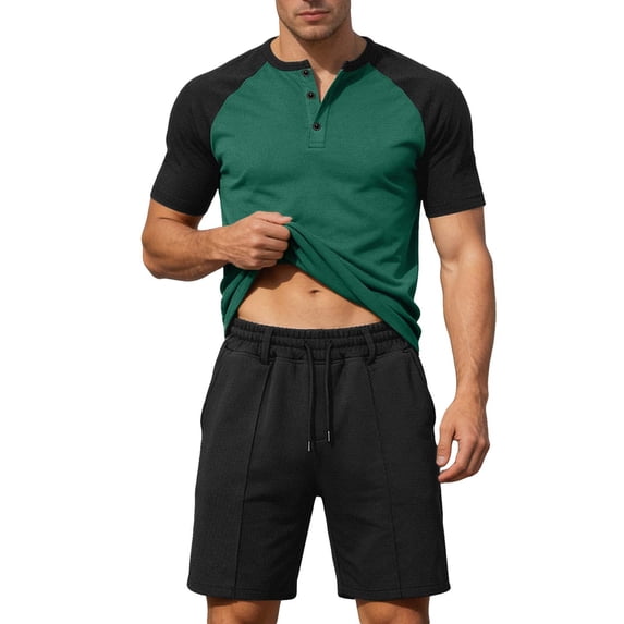 Mrmaere Men's Crew Neck T Shirt and Shorts Set Short Sleeve 2 Piece Contrast Panel for Street Style Army Green L