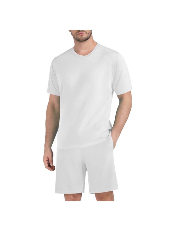 Men's Crew Neck T Shirt and Shorts Set Short Sleeve 2 Piece Pullover Breathable for Summer Daily White S