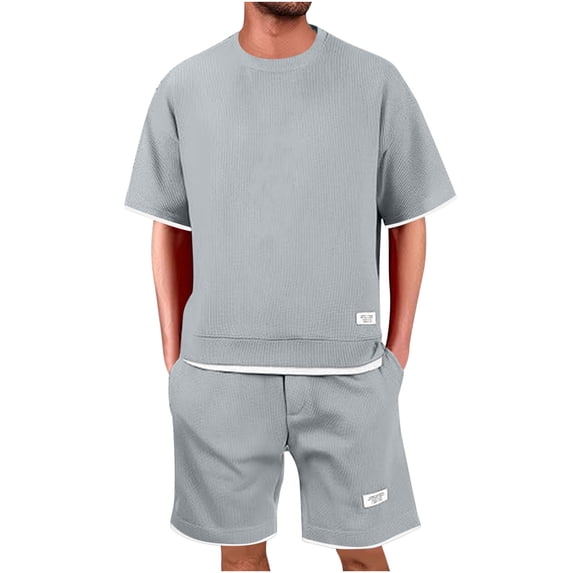 Mrmaere Men's Crew Neck T Shirt and Shorts Set Short Sleeve 2 Piece Pullover Color Block for Workout Running Gray S