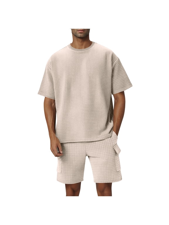 Men's Crew Neck T Shirt and Shorts Set Short Sleeve 2 Piece Pullover Soft Stretch for Summer Daily Khaki XL