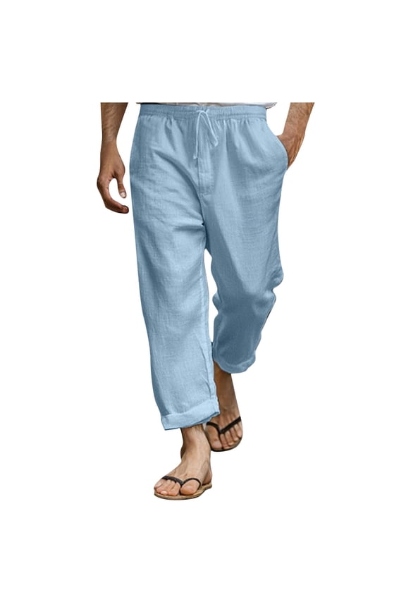Men’s Cropped Drawstring Casual Pants Mid Leg Lightweight Fabric Relaxed Fit Wear for Leisure Time Casual Hangouts Light Blue XL