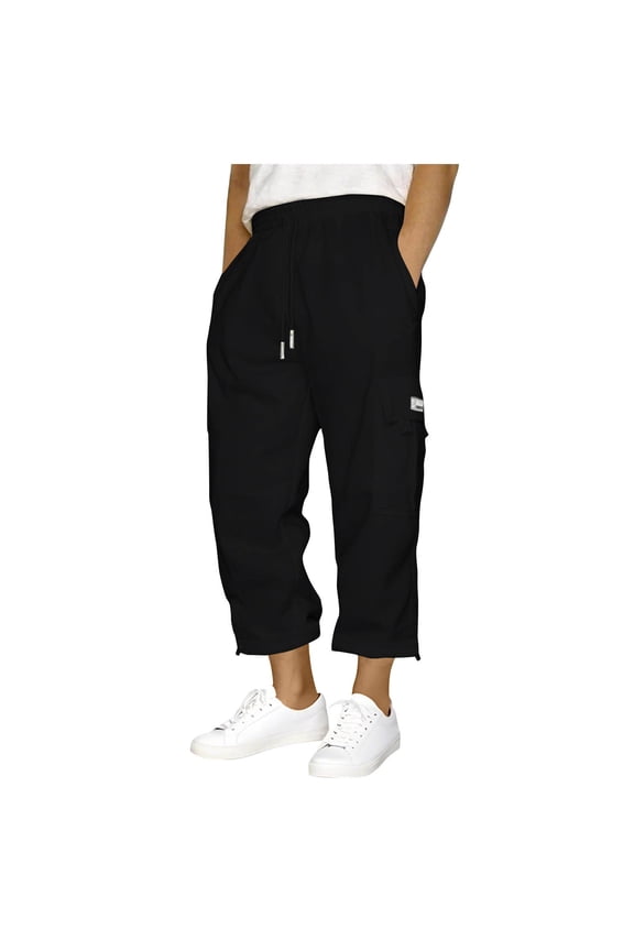 Men’s Cuffed Drawstring Cargo Pants Long Leg Functional Pockets Soft Fabric Wear for Daily Errands Casual Gatherings Black XL