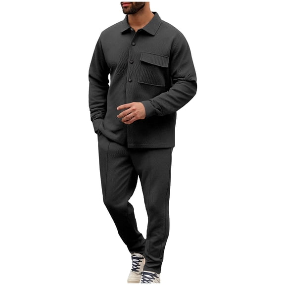 Mrmaere Men’s Denim Style Casual Set Long Sleeve Button Front Sturdy Fabric Functional Pockets Classic Design Wear for Street Looks Daily Commutes Black L